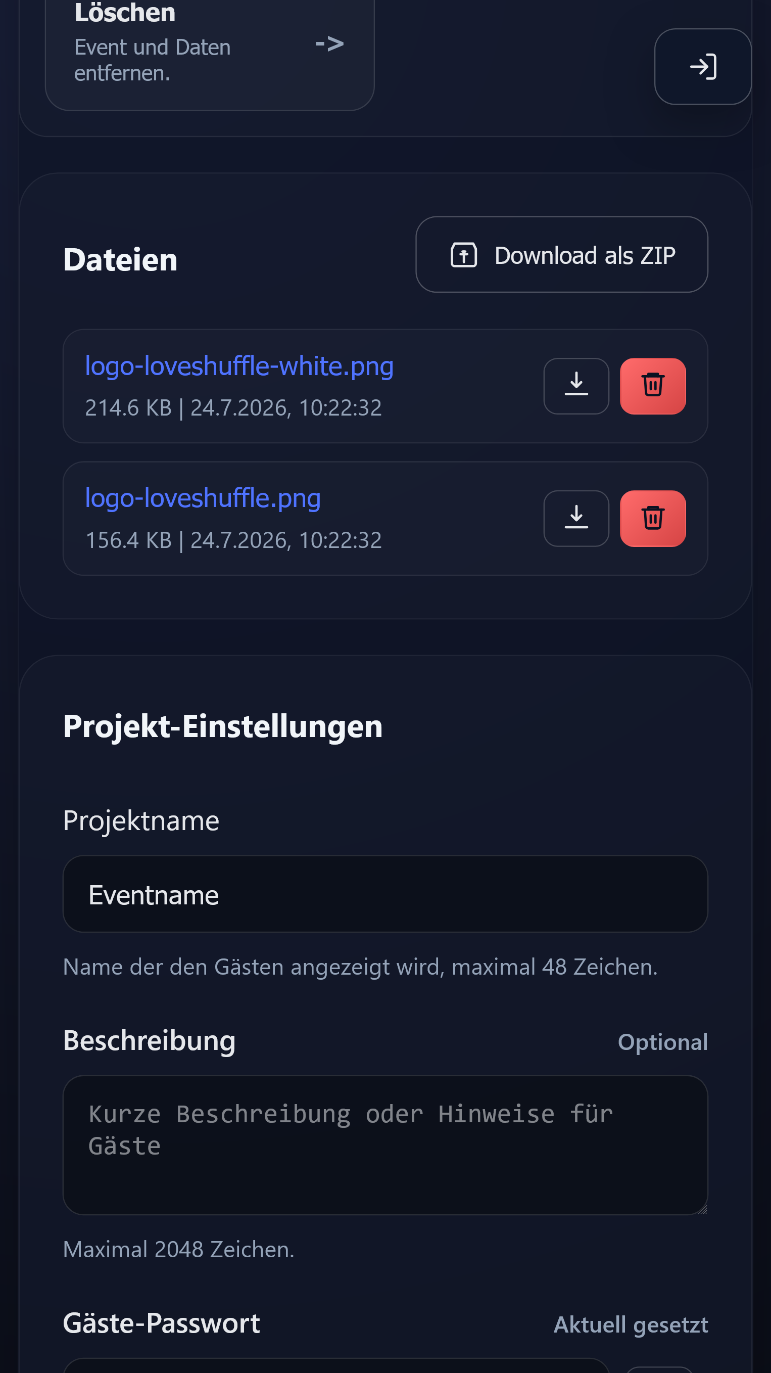 Upload-Verwaltung im Admin-Bereich von Event Drop