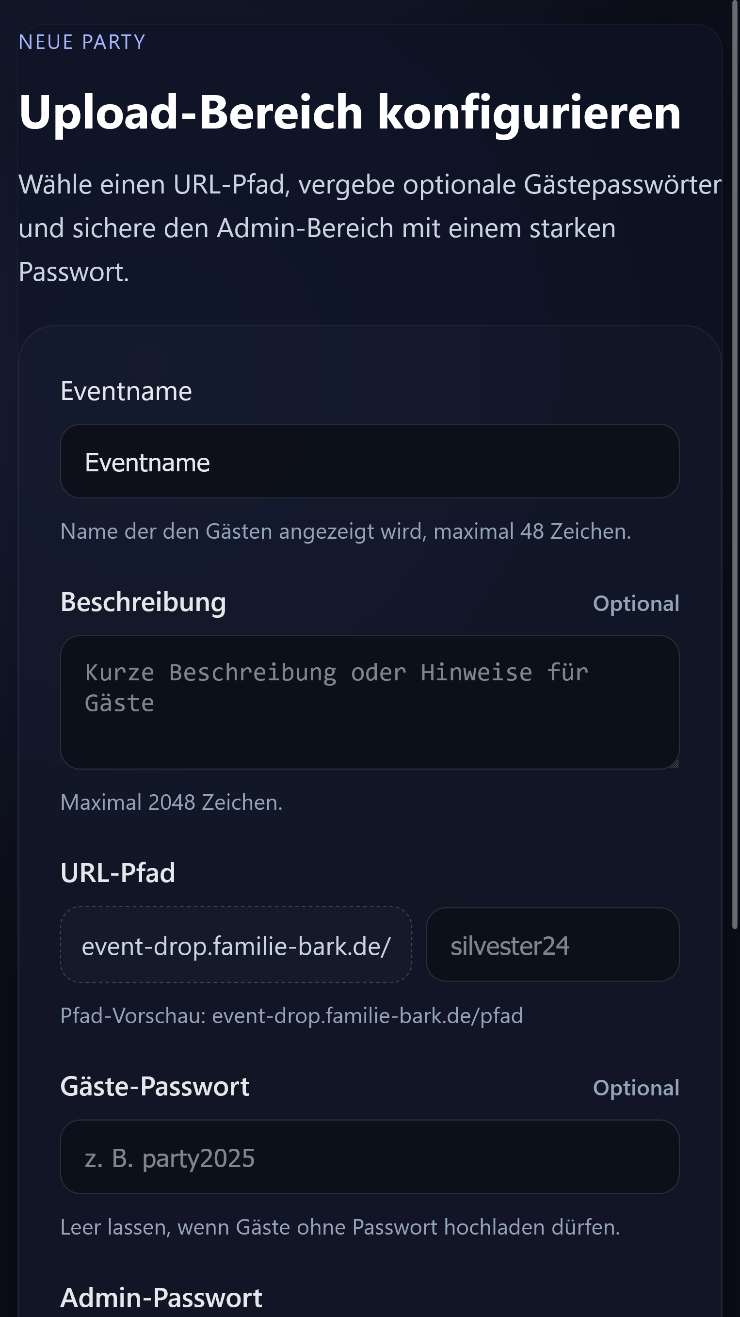 Konfiguration eines Events in Event Drop