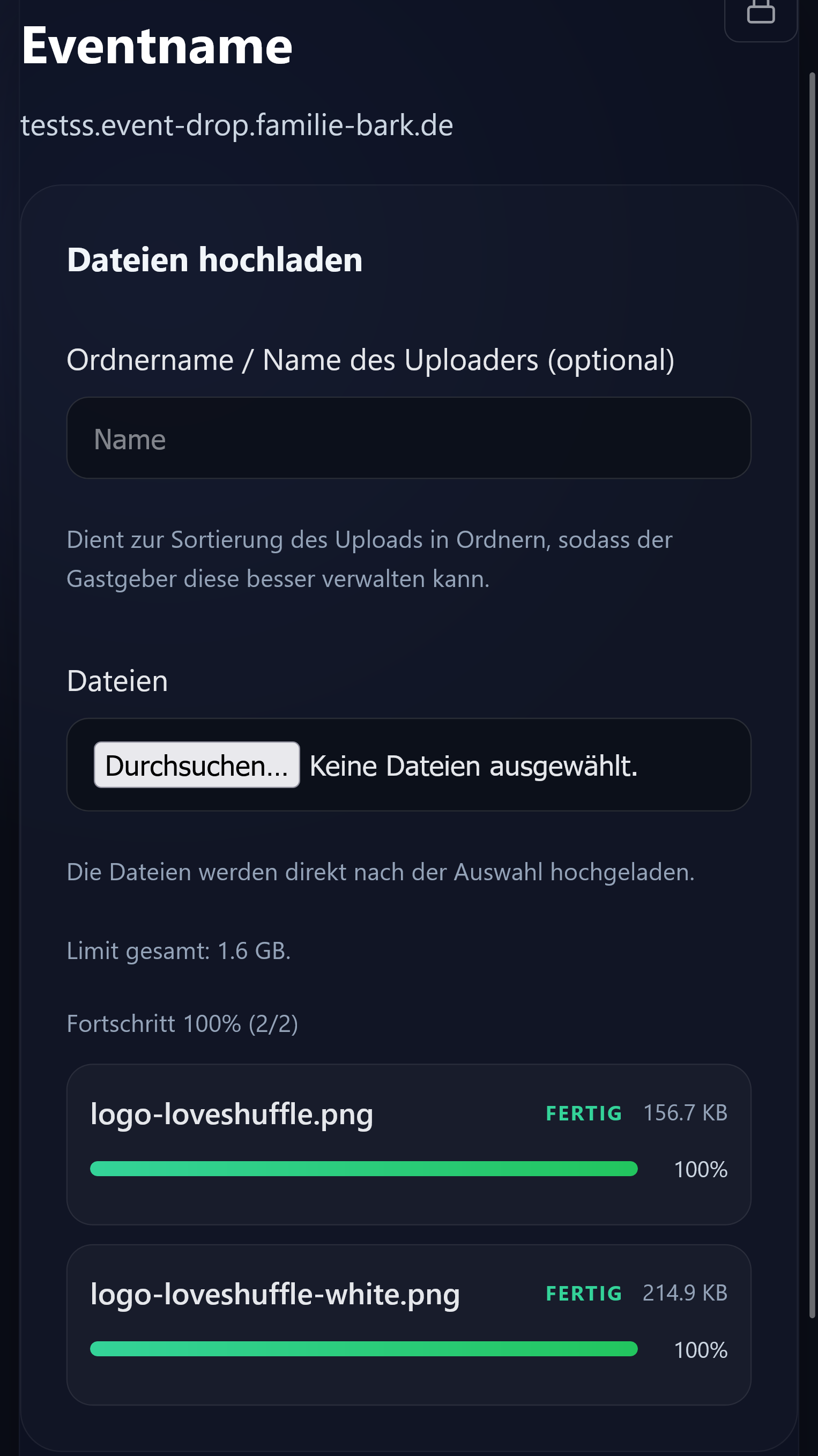 Upload-Ansicht für Gäste in Event Drop