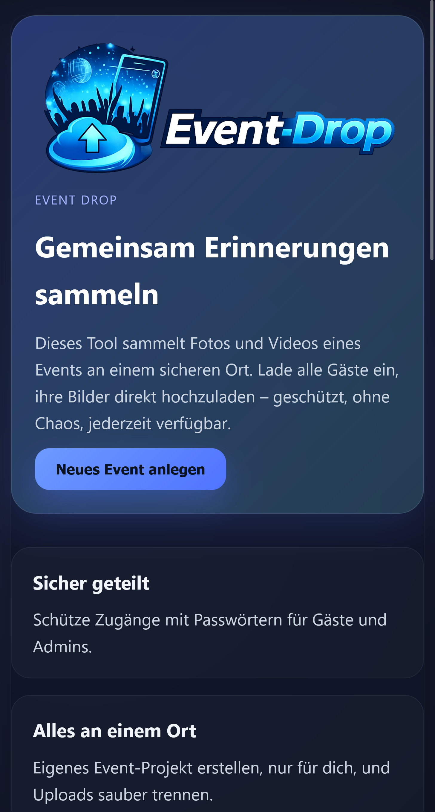 Startansicht von Event Drop