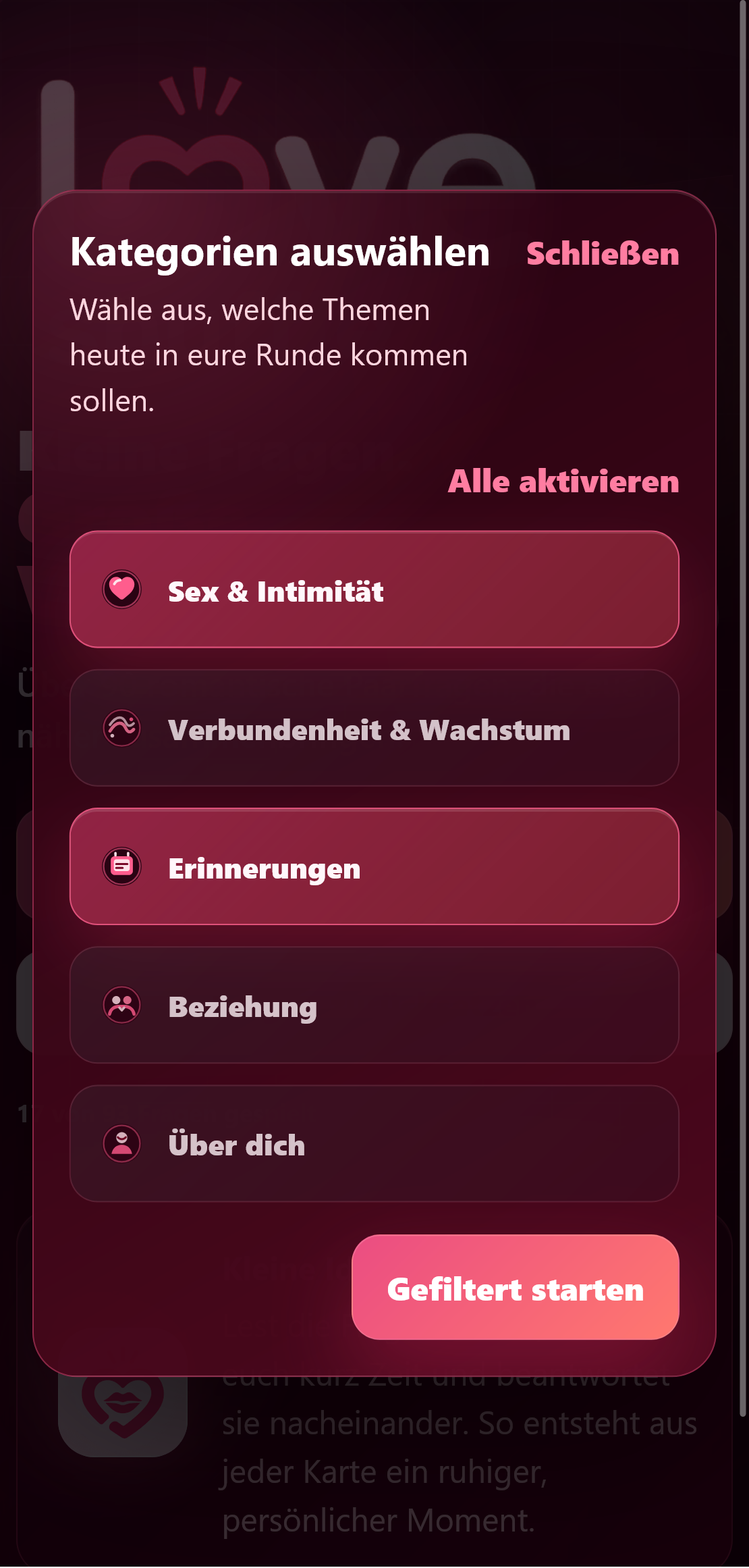 Kategorienauswahl der Love-Shuffle-App