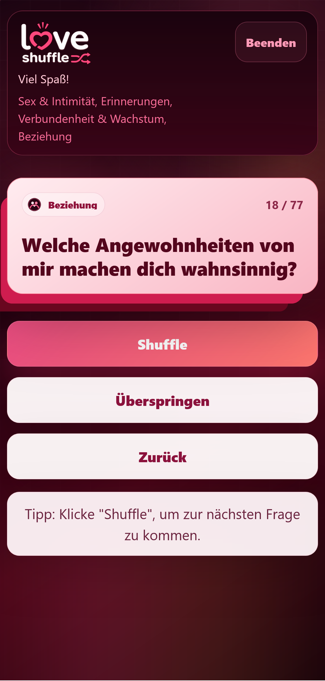 Fragenansicht der Love-Shuffle-App