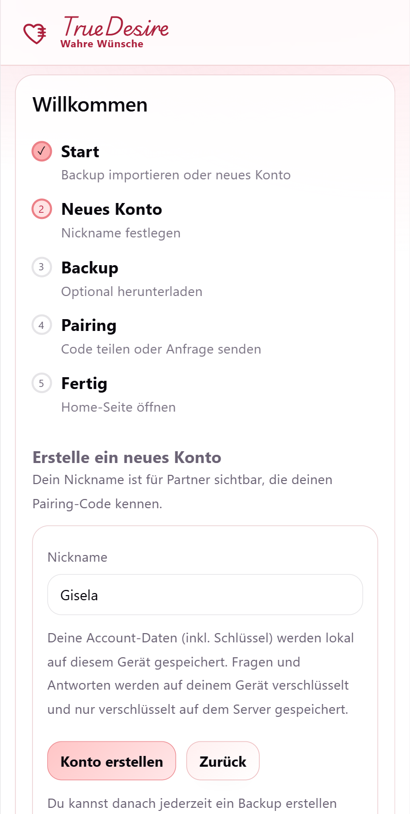 Konto-Erstellung in TrueDesire