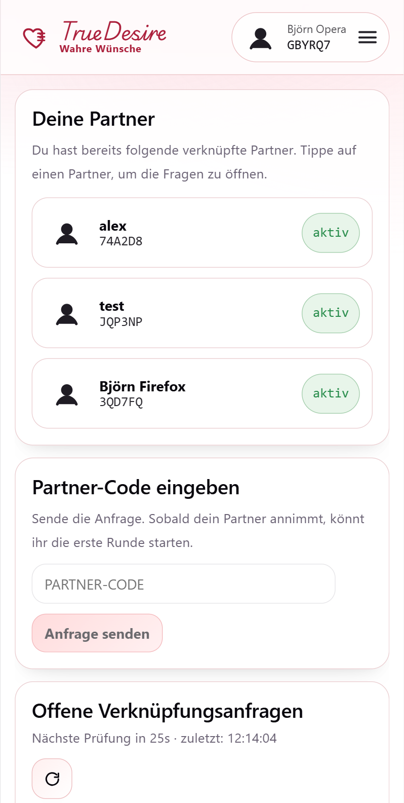 Partner- und Pairing-Ansicht in TrueDesire