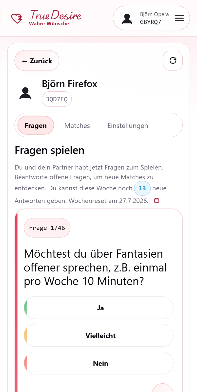 Fragenansicht mit Antwortoptionen in TrueDesire