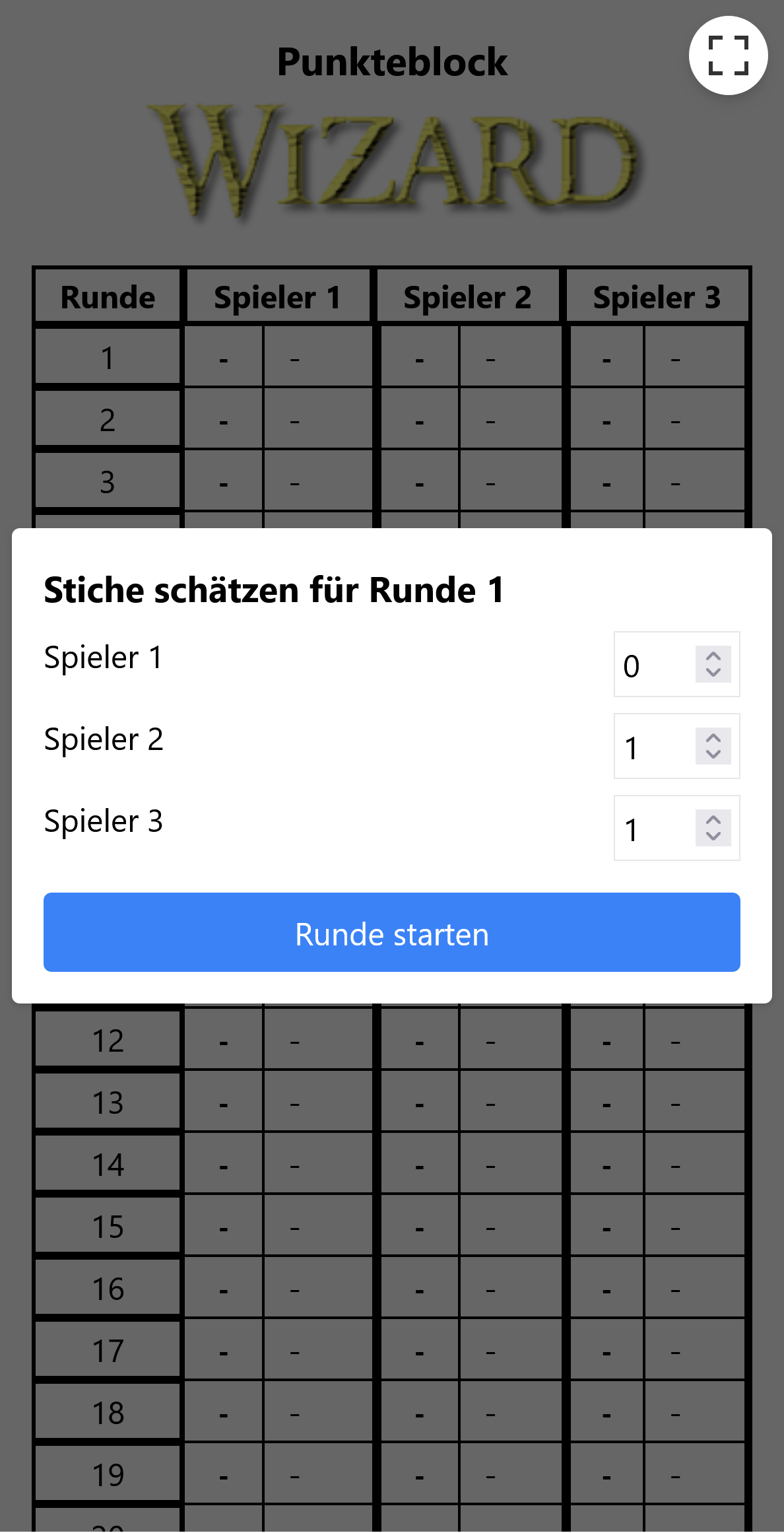 Spielerfassung im Wizard Punkteblock