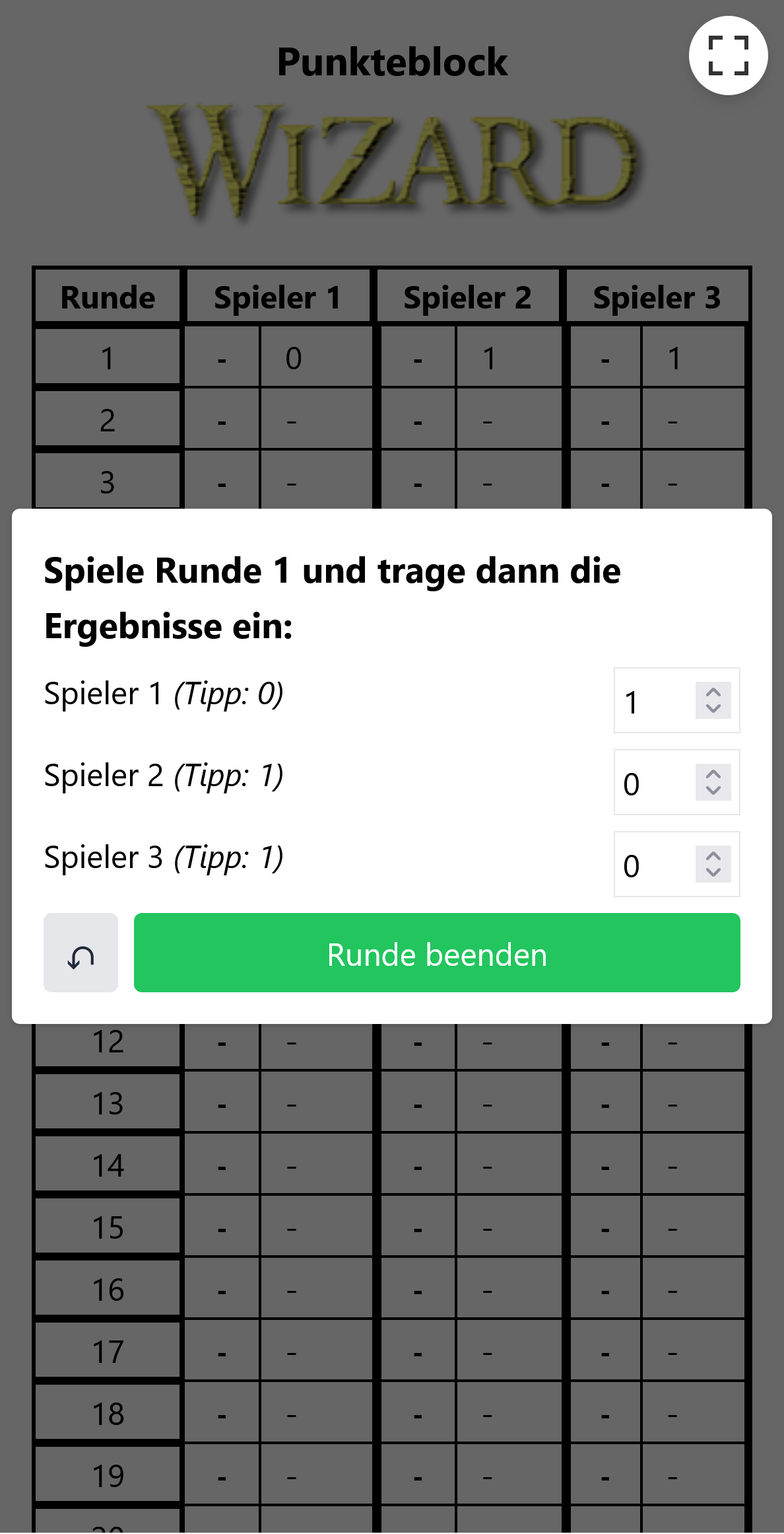 Rundenansicht des Wizard Punkteblocks